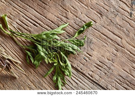 Parsley On Wooden Background, Top View, Close-up, Selective Focus. Some Copy Space. Natural Organic 