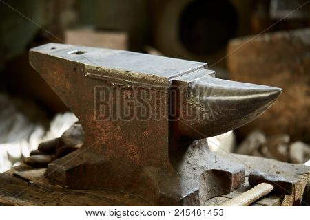 Big Heavy Anvil In The Blacksmith's Workshop, Close-up, Selective Focus.