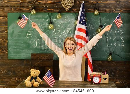 Patriotism And Freedom. Patritism Of Happy Woman Celebratin Independence Day Of Usa