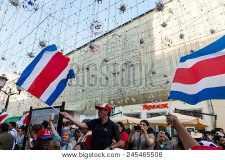 Moscow, Russia - 13 June, 2018: Horizontal Picture Of Costa Rica Supporters Partying In The Streets 