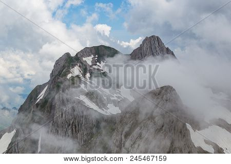Peak Of Natural Altmann Mountain In Clouds, Alpstein, Clouds, Blue Sky