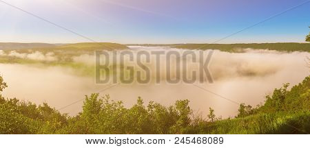 Dnister River Landscape In Ternopil Region Of Western Ukraine. Idillyc View From Above In The Mornin