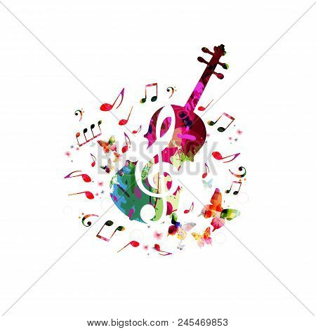Music Colorful Background With Music Notes And Violoncello Vector Illustration Design. Music Festiva