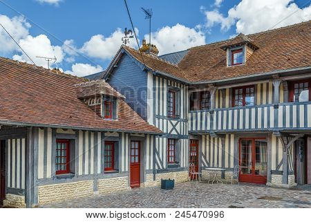Street With Historical Half-timbered Houses In Beuvron-en-auge, France