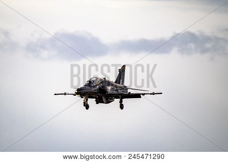 Anglesey , Wales - April 26 2018 : British Aerospace Hawk T.2 Landing At Anglesey Raf Valley Airport