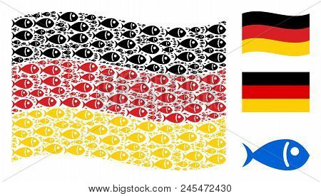 Waving German State Flag. Vector Fish Items Are Arranged Into Mosaic Germany Flag Abstraction. Patri