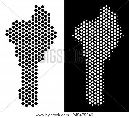 Honeycomb Benin Map. Vector Geographic Plan In Black And White Variants. Abstract Benin Map Mosaic I