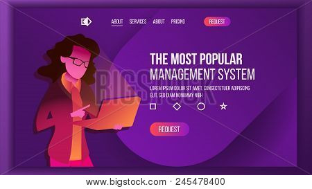 Management System Landing Page Vector. Store. Woma With Laptop. Business Processes. Main Website Pag