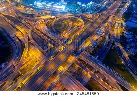 Bangkok Expressway Top View, Top View Over The Highway,expressway And Motorway At Night, Aerial View