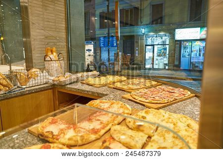 MILAN, ITALY - CIRCA NOVEMBER, 2017: food on display at Farini in Milan. Farini is modern bakery which offers Italian pastry, salads, bowls and pizza