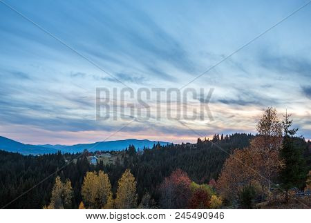 Evening Twilight Carpathian Mountains And Village Hamlets On Slopes (yablunytsia Village And Pass, I