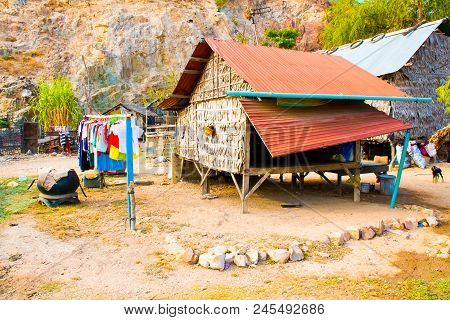 Poor Houses And Huts In Phnom Krom Village, Siem Reap In Cambodia