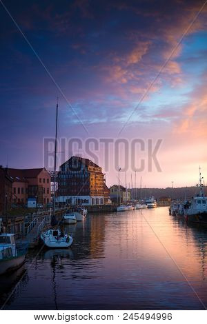 Lithuania, Klaipeda At Night. Old Town And Dane River.