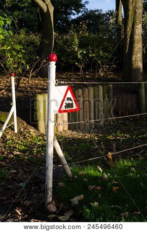 Miniature Railway Warning Sign And Railing At South Marine Park, South Tyneside