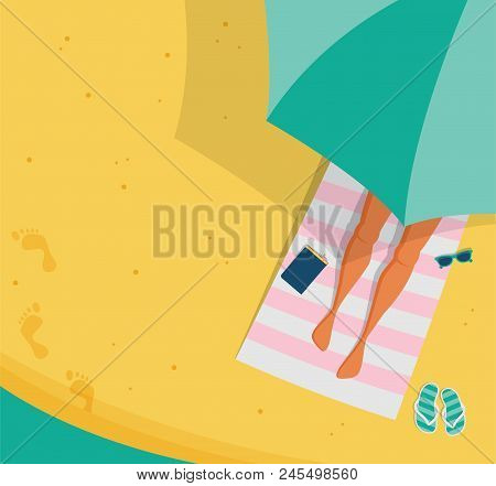 Top View Beach Background, Summer Water Activities. Women Relaxing At The Beach. Vector Banner, Post