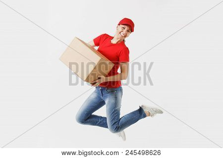 Full Length Portrait Of Fun Delivery Woman In Red Cap, T-shirt Isolated On White Background. Female 