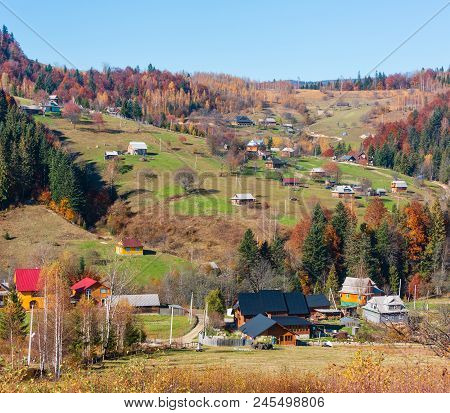 Autumn Carpathian Village Landscape (ivano-frankivsk Oblast, Ukraine). Rural Scene.