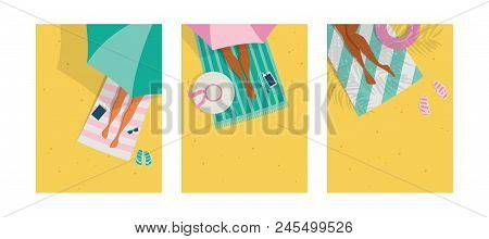 Top View Of A Summer Background. Summer Water Activities. Women Relaxing At The Beach. Vector Cards,