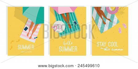 Top View Of A Summer Background. Summer Water Activities. Women Relaxing At The Beach. Vector Cards,