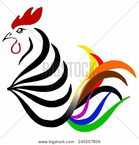 Hand Drawn Cock. Vector Illustration Of A Beautiful Colored Cock. Funny Cock, The Symbol Of The Year