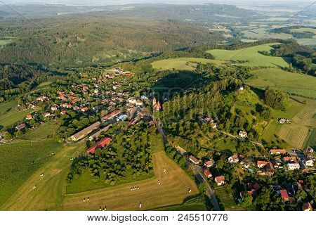 Vysker Village In The Bohemian Paradise On Aerial Photography.