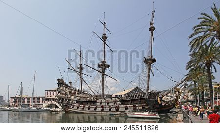 Genoa, Italy - July 14, 2013: Neptune Galeon Pirate Ship Docked At Port In Genoa, Italy.