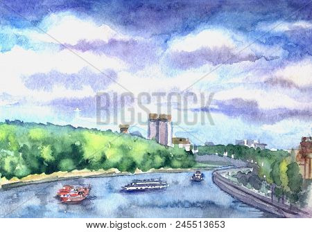 City Landscape With A River, Embankment And Water Transport, Watercolor Painting. Landscape Of Mosco