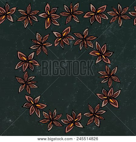 Black Board Background And Chalk. Endless Pattern Brush, Round Garland With With Anise Star Seeds. M