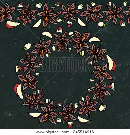 Black Board Background And Chalk. Endless Pattern Brush, Round Garland With With Anise Star Seeds. M