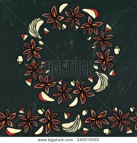 Black Board Background And Chalk. Endless Pattern Brush, Round Garland With With Anise Star Seeds. M