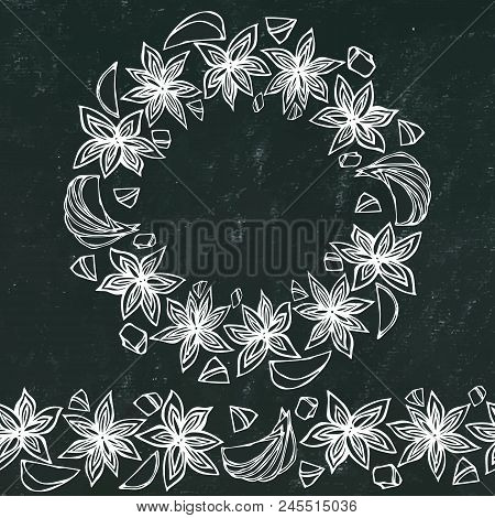 Black Board Background And Chalk. Endless Pattern Brush, Round Garland With With Anise Star Seeds. M