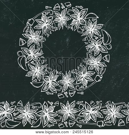 Black Board Background And Chalk. Endless Pattern Brush, Round Garland With With Anise Star Seeds. M