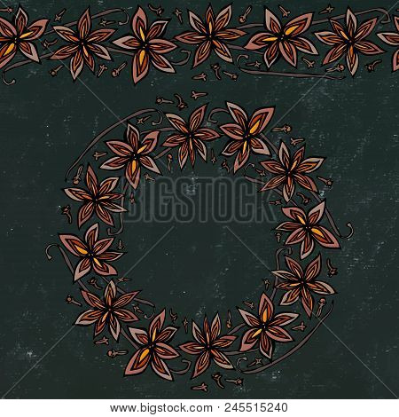 Black Board Background And Chalk. Endless Pattern Brush, Round Garland With With Anise Star Seeds. M