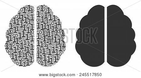 Brain Collage Icon Of Zero And Null Digits In Different Sizes. Vector Digits Are Randomized Into Bra