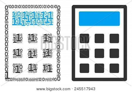 Calculator Collage Icon Of Zero And Null Digits In Randomized Sizes. Vector Digital Symbols Are Grou