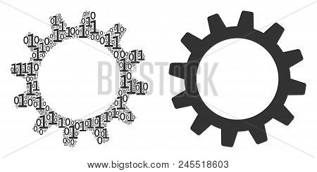 Cogwheel Mosaic Icon Of One And Zero Digits In Random Sizes. Vector Digital Symbols Are Composed Int