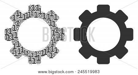 Gear Collage Icon Of Binary Digits In Different Sizes. Vector Digits Are Randomized Into Gear Illust