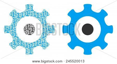 Gear Collage Icon Of One And Zero Digits In Various Sizes. Vector Digital Symbols Are Grouped Into G