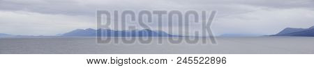The Legendary Strait Of Magellan At Cloudy Rainy Day. Wide Panoramic View In Soft Light And Beautifu