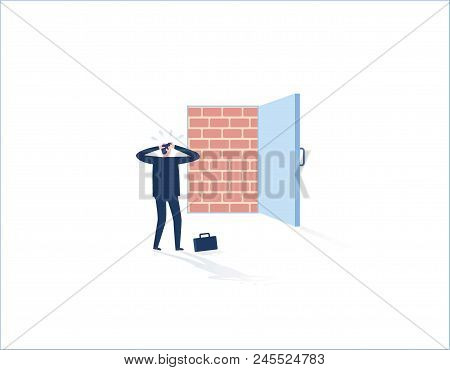 Brick Wall Blocking The Office Doorway, Businessman Standing Dismal.
Adversity, Obstacle Trapped, No