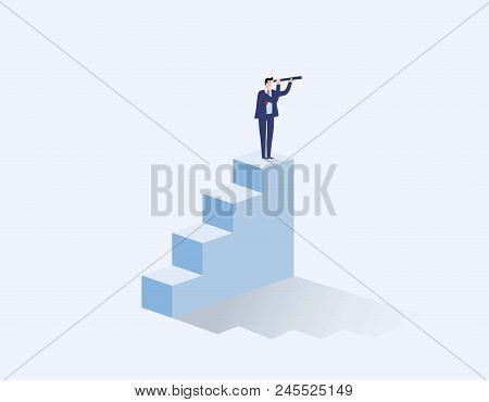 Vision Concept In Business With Vector Icon.
Businessman And Telescope.
Monocular. Symbol Leadership