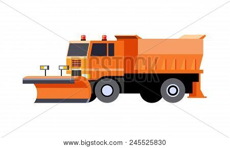 Minimalistic Icon Snow Plow Truck Front Side View. Utility Snow Removal Vehicle. Vector Isolated Ill
