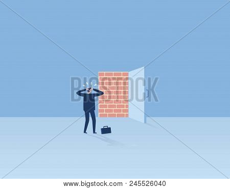 Brick Wall Blocking The Office Doorway, Businessman Standing Dismal.
Adversity, Obstacle Trapped, No