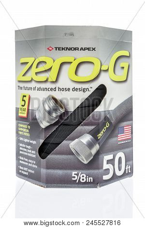 Winneconne - 9 June 2018: A Package Of Teknor Apex Zero-g Garden Hose On An Isolated Background.