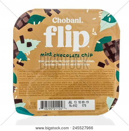 Winneconne, Wi -  13 June 2018: A Package Of Chobani Flip Mint Chocolate Chip Yogurt On An Isolated 