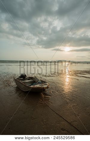 Lonely Boat Had Anchored In The Sunset Time, Railay-krabi, Thailand