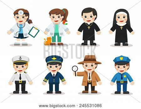 Kid Set Of Different Professions. Doctor, Veterinary, Bishop, Nun, Police, Detective, Naval, Air For