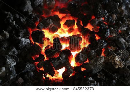 Soft Coal On Fire In A Forge At A Blacksmith Shop