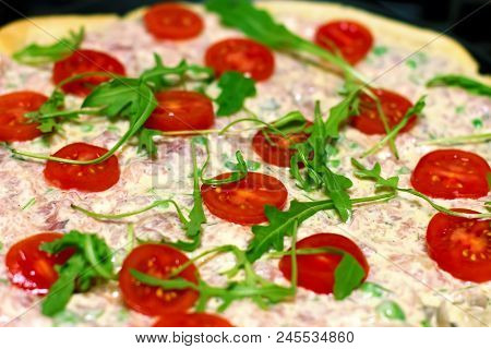 Delicious Fresh Pizza With Tomatoes And Arugula. Tomatoes, Arugula