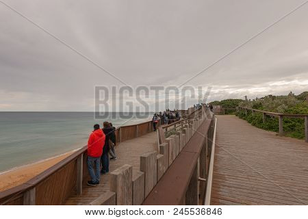 Warrnambool, Australia - June 11, 2018: People Using The Whale Watching Platform At Logans Beach, Wa